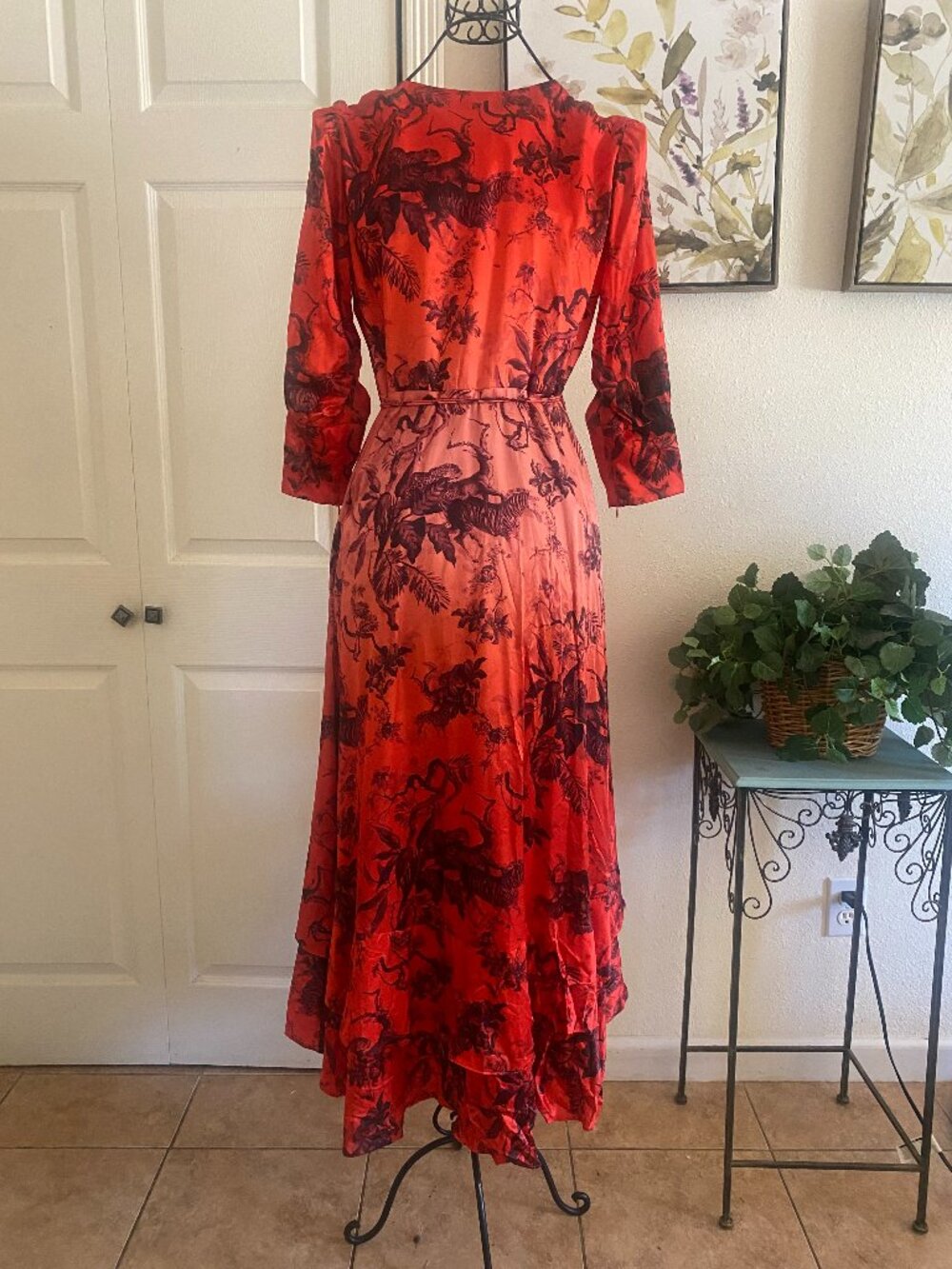 All Saints Red and Black Floral Print Midi Dress